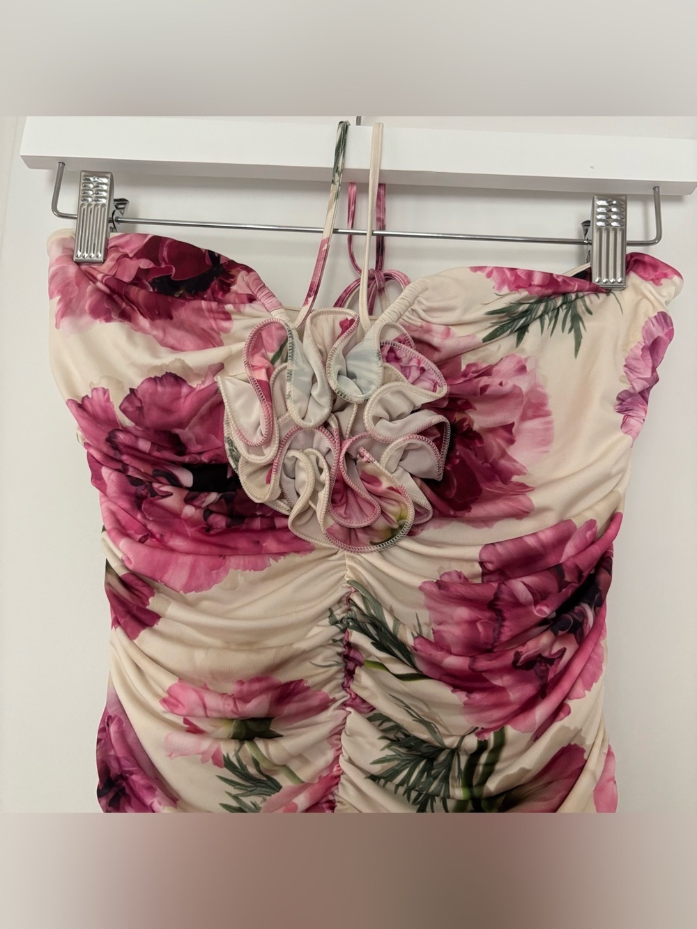 Express floral bodysuit XS ruched bodice with rosette Cottagecore feminine - Picture 5 of 8